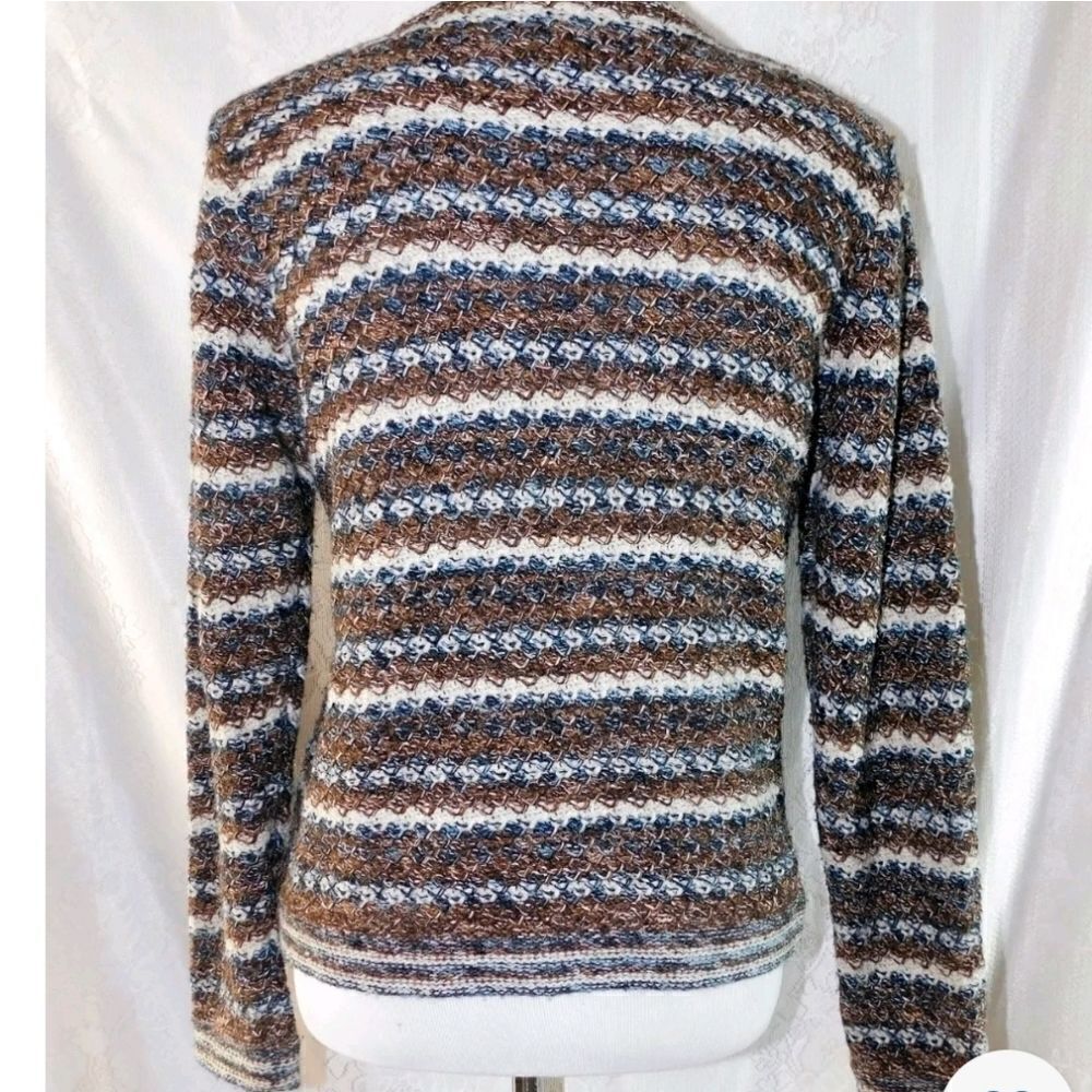 Dressbarn L Women's Brown/Blue/White Silk Cardigan w/Brown Shank Buttons - Picture 7 of 9